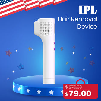 IPL hair removal device with price tag on a blue background with stars and an American flag.