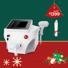 White medical device with attachments on a red and green background with Christmas decorations.