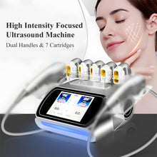 High Intensity Focused Ultrasound Machine with dual handles and 7 cartridges, displayed with a woman using it.