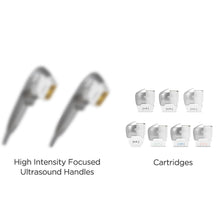 High Intensity Focused Ultrasound handles and cartridges on a white background
