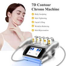 7D Contour Chrono Machine with a woman showcasing its benefits on a white background