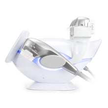 Silver electronic device with a white base on a white background