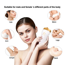 Woman holding a device with icons showing body parts suitable for hair removal.