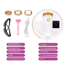 Hair removal device with accessories and features listed on a white background