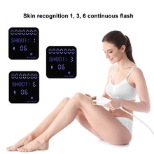 Woman using a skin recognition device with digital display on a white background