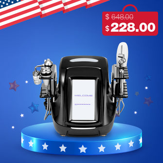 Black electronic device on a blue platform with American flag and price tags.