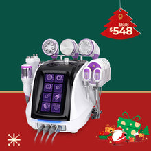 Beauty device with digital display on a festive background with Christmas decorations and price tag.