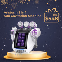 Aristorm 9 in 1 40k Cavitation Machine with a discount offer on a dark blue background with fireworks.