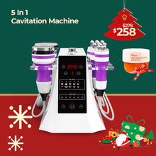 5-in-1 cavitation machine with price tag and Christmas-themed decorations on a green and red background