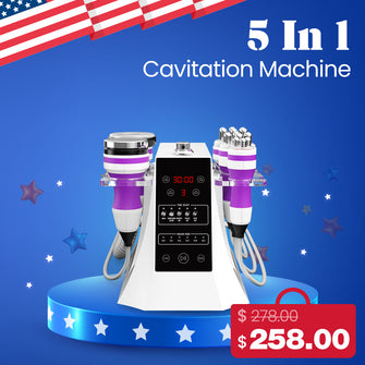 5-in-1 cavitation machine with American flag and price tag on a blue background