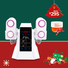 Electronic device with digital display on a green and red background with Christmas elements.