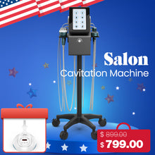 Salon Cavitation Machine with price and gift box on a blue background with American flag