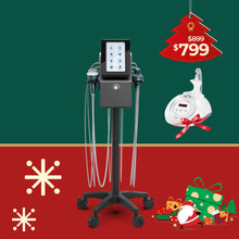 Medical device on a stand with Christmas-themed decorations and pricing information.