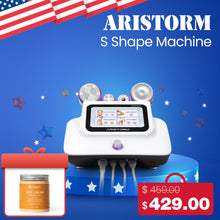 Aristorm S Shape Machine with a price tag on a blue background with stars and an American flag.