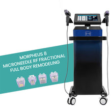 Morpheus 8 microneedle RF fractional full body remodeling device on a white background with text and icons.
