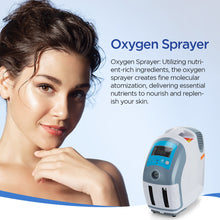 Woman with a oxygen sprayer and text about its benefits on a blue background