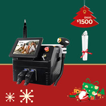 Black laser hair removal machine on a green and red background with Christmas decorations.