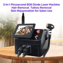 2-In-1 Picosecond 808 Diode Laser Machine for hair removal, tattoo removal, and skin rejuvenation on a wooden table.