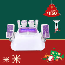 Beauty device with attachments on a green and red background with Christmas elements.