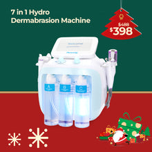 7-in-1 Hydro Dermabrasion Machine with promotional pricing on a green and red background
