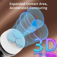 Glowing blue circular device with text about contact area and contouring on a brown background
