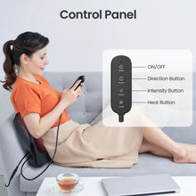 Woman using a massage device with a control panel diagram on a gray background