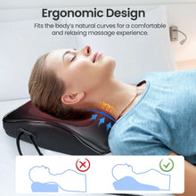 Woman using a neck massager with ergonomic design features highlighted.