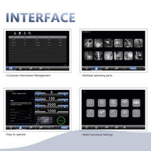 Interface display with various screens showing different functionalities on a white background.