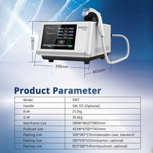 Medical device with dimensions and product parameters displayed on a blue background