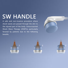 Extracorporeal Shock Wave Therapy (ESWT) device handle with text on a blue background