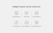 List of project categories including body management, muscle relief, facial management, curve management, back management, and wrinkle management on a white background.