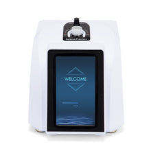 White electronic device with a digital screen displaying 'WELCOME' on a white background