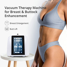 Vacuum therapy machine for breast and buttock enhancement with a person wearing a sports bra and underwear.