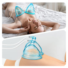 Person using blue cupping therapy devices on their face and back.