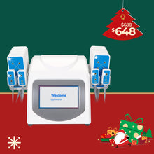 Medical device with blue components on a green and red background with Christmas decorations.
