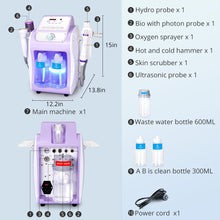 Purple hydrodermabrasion machine with labeled parts and dimensions on a light blue background