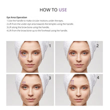 Instructions on how to use a device for eye area operation with a woman's face shown.