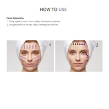 Instructions on how to use a facial product with labeled steps on a person's face.
