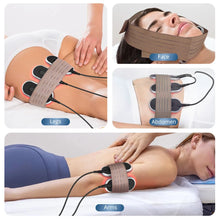 A laser lipo machine attached to different body parts: legs, face/neck, abdomen, and arms, with a person lying on a treatment table in each panel.