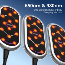 Three high-power laser lipo pads from a professional laser lipo machine shown on a blue gradient background with text reading '650nm & 980nm Dual Wavelength Laser Body Sculpting Machine.' The devices have silver edges, black fronts, and glowing orange-red LED nodes with purple line graphics.