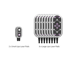 A set of lipo laser treatment pads shown on a plain white background, including two small oval pads and eight larger rectangular pads with a black face, silver edges, and purple diagram markings. Text below reads '2 x Small Lipo Laser Pads' and '8 x Large Lipo Laser Pads'.