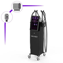 A professional laser lipo machine with a digital control screen, multiple hanging cables, and caster wheels, shown on a white background with two circular inset callouts highlighting the treatment heads and remote control.