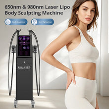 A laser body sculpting machine shown next to a woman in a white sports bra and leggings, with text reading '650nm & 980nm Laser Lipo Body Sculpting Machine' and 'Body Sculpting' and 'Skin Tightening'.