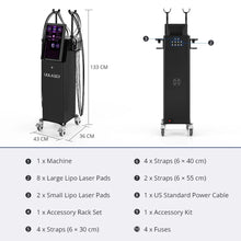 A laser lipo machine shown from two angles with overlaid dimensions and a product parts list at the bottom, on a white and light gray background.