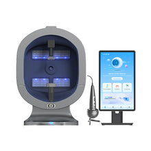 Dental imaging device with screen and handheld probe on a white background