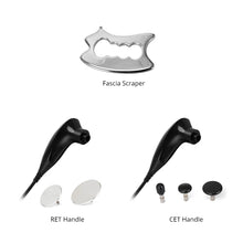 Fascia Scraper and handheld massage/cell treatment handles from a tecar therapy machine shown on a white background with labels. The top item is a silver metal fascia scraper labeled 'Fascia Scraper.