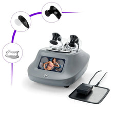 A tecar therapy machine with a built-in screen, two black applicator heads, and a separate black power pad, shown on a white background with three circular inset callouts highlighting the applicator tips and a metal tray.
