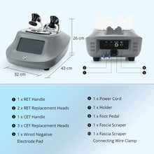A tecar therapy machine shown from front and back views with dimension labels (26 cm, 32 cm, 43 cm) and a parts list below on a light blue background.