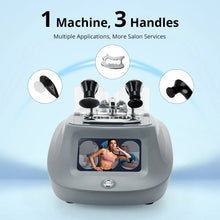 A tecar therapy machine with a gray base, clear upper housing, and three black handle attachments shown above it. Large text reads '1 Machine, 3 Handles' with smaller copy 'Multiple Applications, More Salon Services.