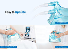 Blue handheld device with a user-friendly interface and air tight socket feature, shown in use.